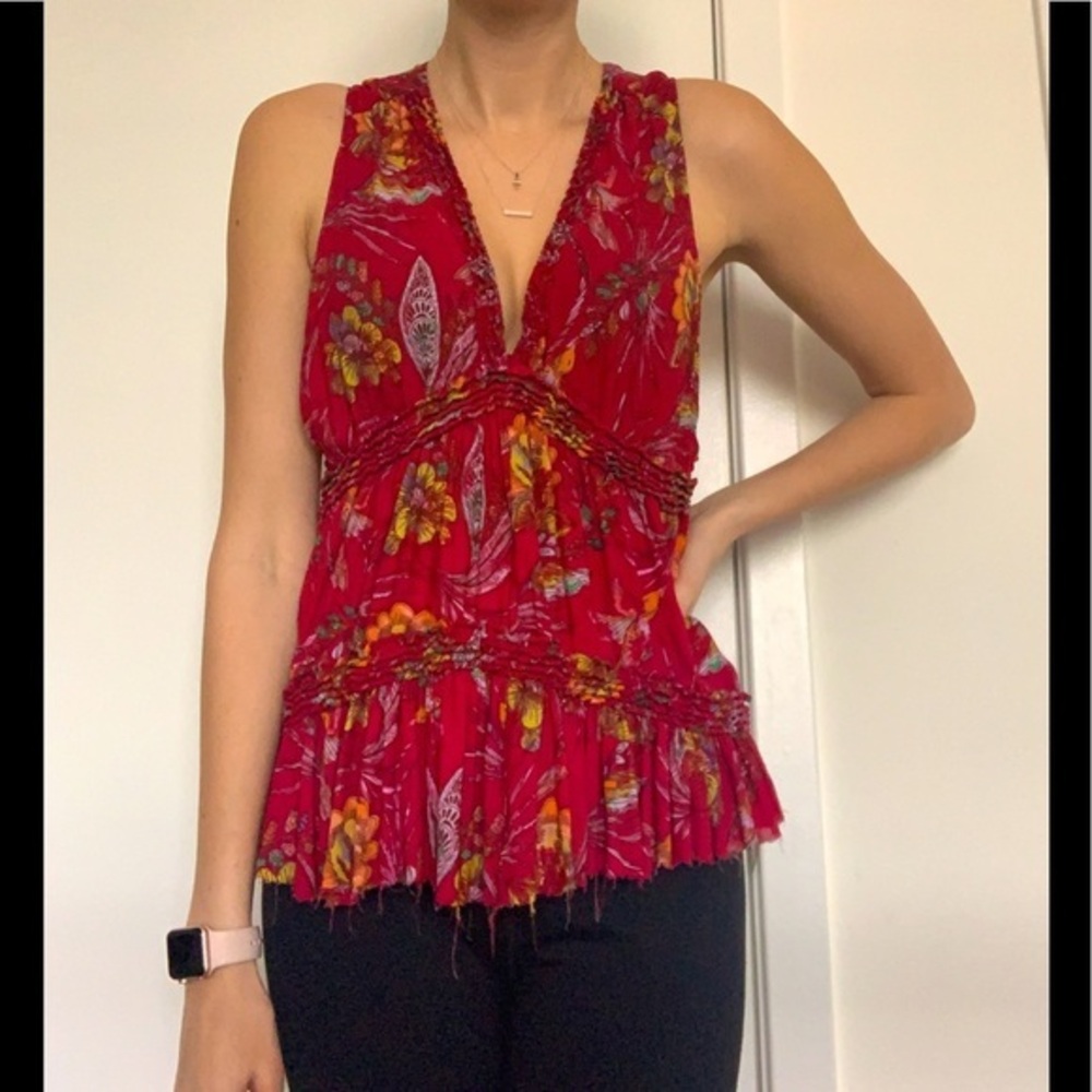 Free People sleeveless v neck flowy floral red top
